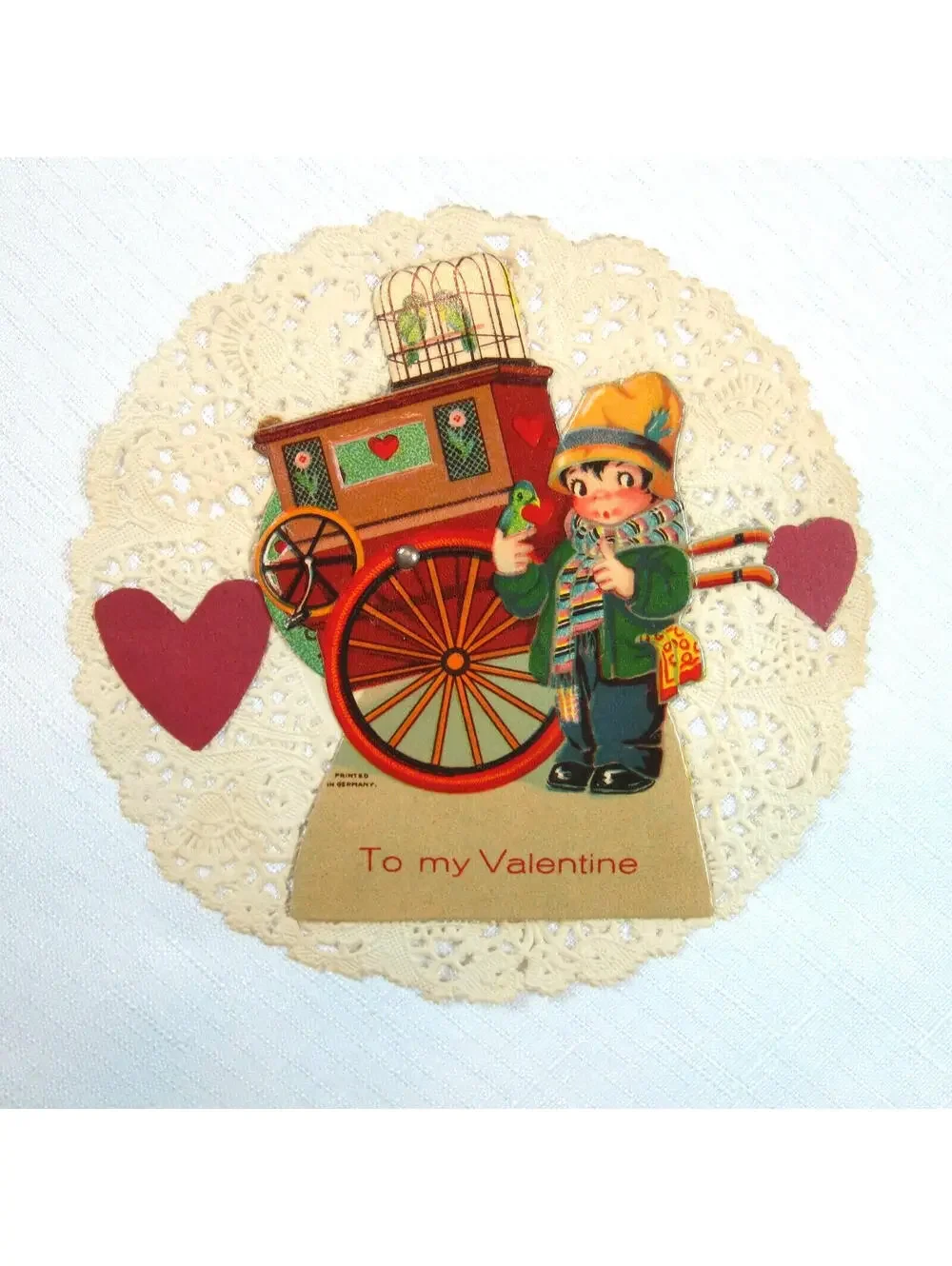 Vintage 1931 Valentine Card Mechanical Boy w/ Birds Wagon Own True Love Germany